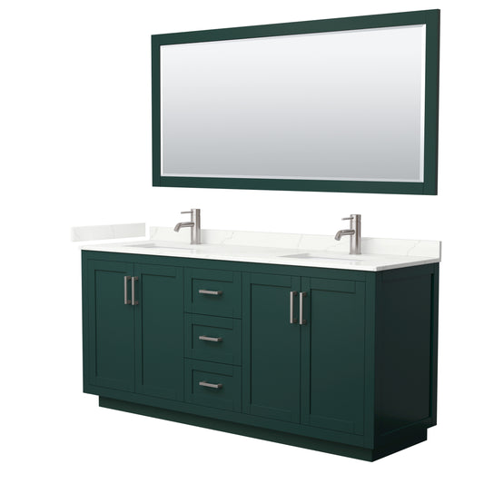 Wyndham Collection Miranda 72" Double Bathroom Vanity in Green, Giotto Quartz Countertop, Undermount Square Sinks (1-Hole), Brushed Nickel Trim, 70" Mirror