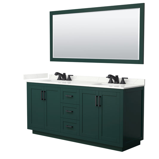 Wyndham Collection Miranda 72" Double Bathroom Vanity in Green, Giotto Quartz Countertop, Undermount Square Sinks (3-Hole), Matte Black Trim, 70" Mirror