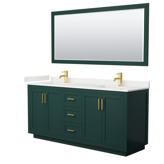 Wyndham Collection Miranda 72" Double Bathroom Vanity in Green, White Quartz Countertop, Undermount Square Sinks (1-Hole), Brushed Gold Trim, 70" Mirror