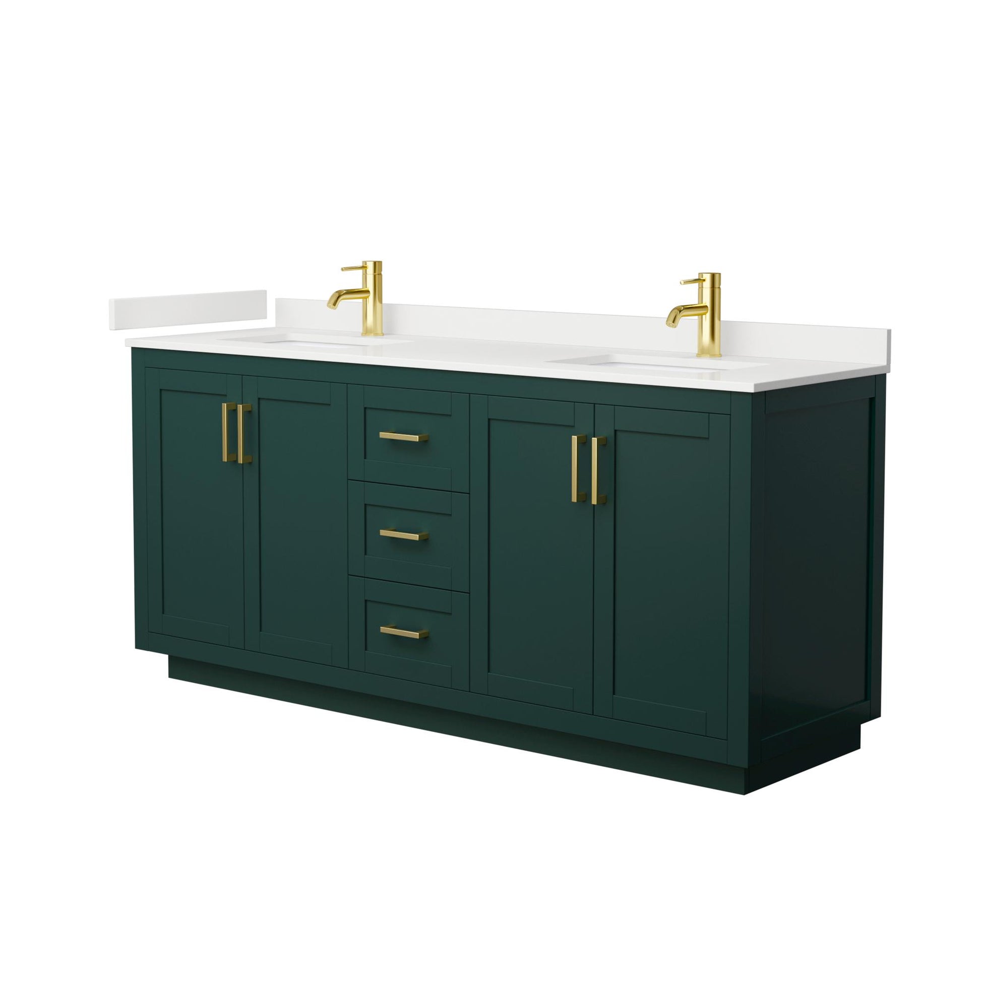 Wyndham Collection Miranda 72" Double Bathroom Vanity in Green, White Quartz Countertop, Undermount Square Sinks (1-Hole), Brushed Gold Trim