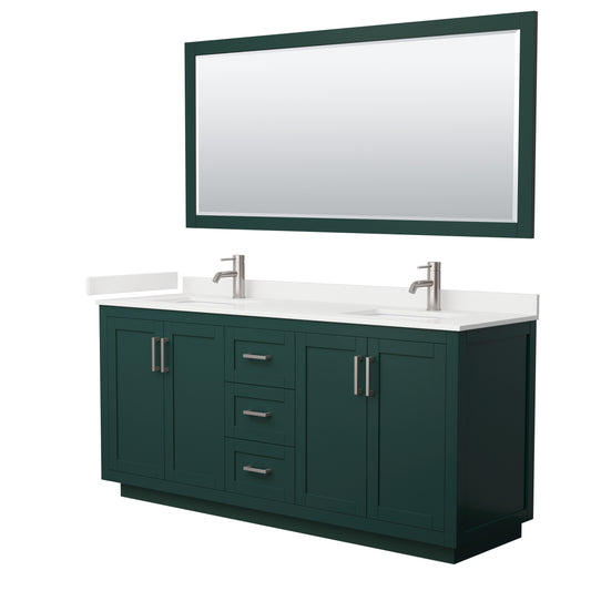 Wyndham Collection Miranda 72" Double Bathroom Vanity in Green, White Quartz Countertop, Undermount Square Sinks (1-Hole), Brushed Nickel Trim, 70" Mirror