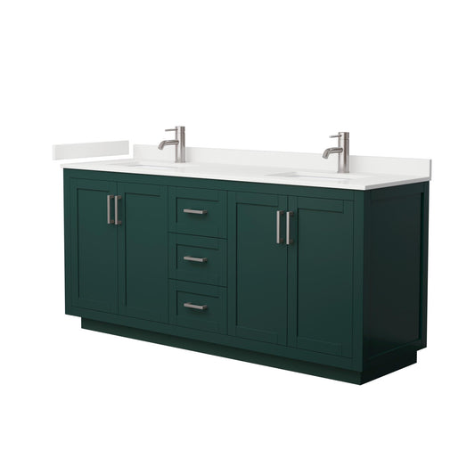 Wyndham Collection Miranda 72" Double Bathroom Vanity in Green, White Quartz Countertop, Undermount Square Sinks (1-Hole), Brushed Nickel Trim
