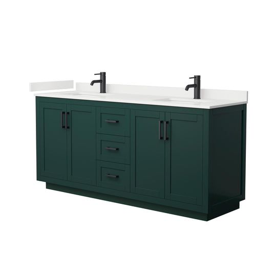 Wyndham Collection Miranda 72" Double Bathroom Vanity in Green, White Quartz Countertop, Undermount Square Sinks (1-Hole), Matte Black Trim