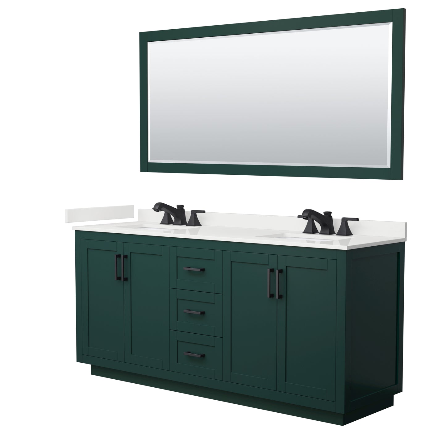 Wyndham Collection Miranda 72" Double Bathroom Vanity in Green, White Quartz Countertop, Undermount Square Sinks (3-Hole), Matte Black Trim, 70" Mirror