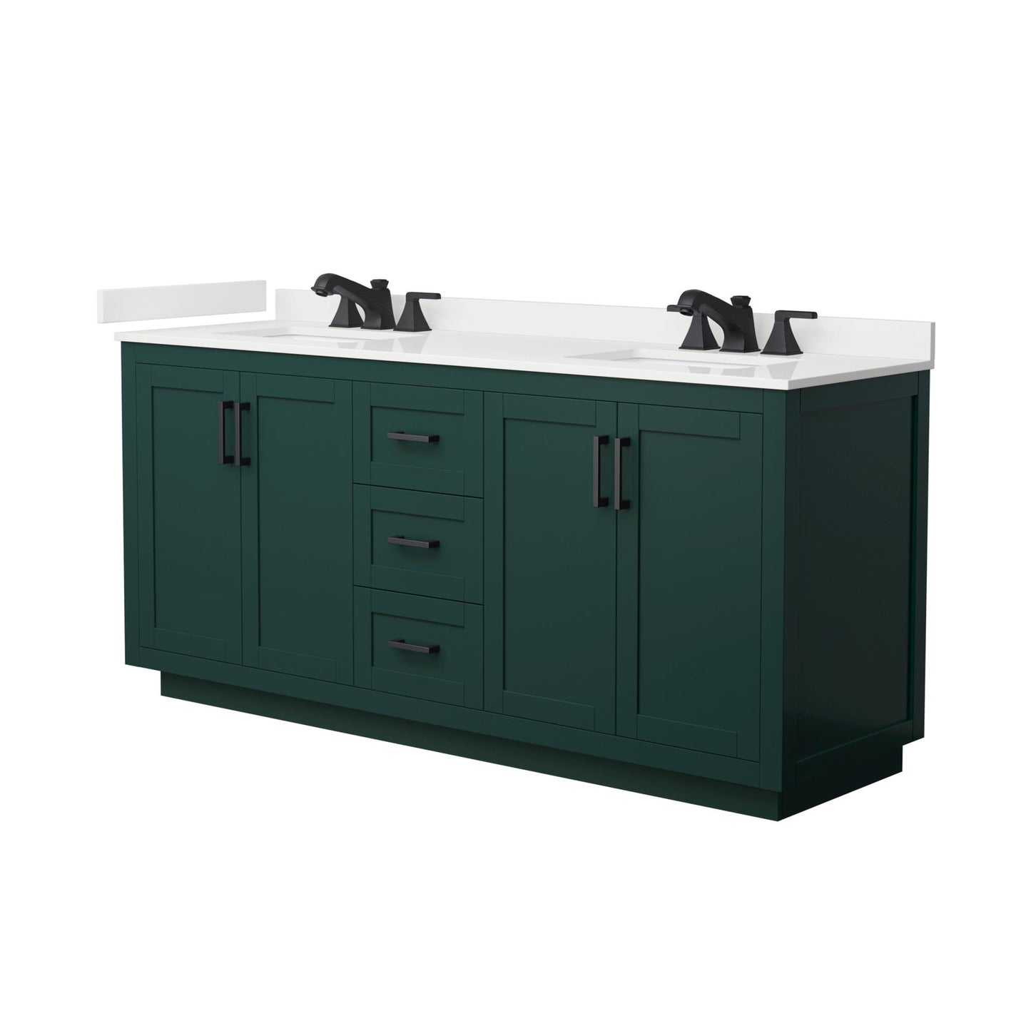 Wyndham Collection Miranda 72" Double Bathroom Vanity in Green, White Quartz Countertop, Undermount Square Sinks (3-Hole), Matte Black Trim