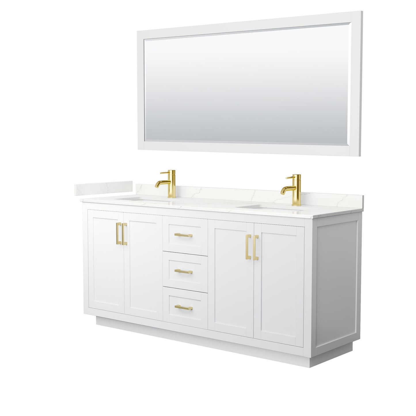 Wyndham Collection Miranda 72" Double Bathroom Vanity in White, Giotto Quartz Countertop, Undermount Square Sinks (1-Hole), Brushed Gold Trim, 70" Mirror