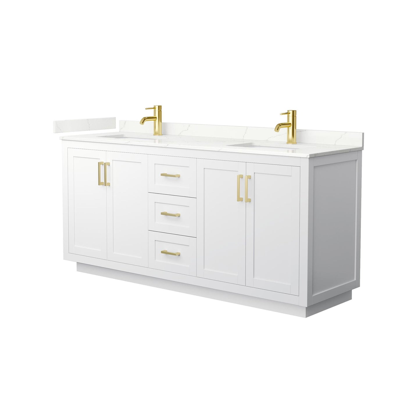 Wyndham Collection Miranda 72" Double Bathroom Vanity in White, Giotto Quartz Countertop, Undermount Square Sinks (1-Hole), Brushed Gold Trim