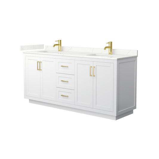 Wyndham Collection Miranda 72" Double Bathroom Vanity in White, Giotto Quartz Countertop, Undermount Square Sinks (1-Hole), Brushed Gold Trim
