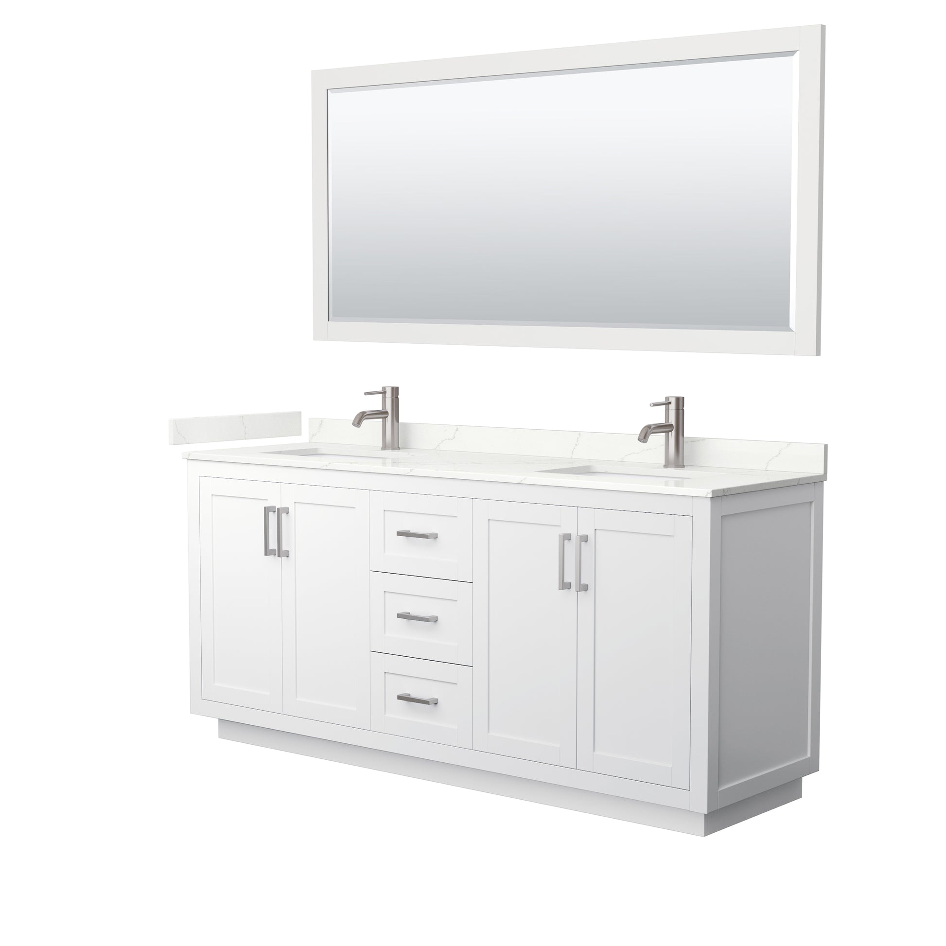 Wyndham Collection Miranda 72" Double Bathroom Vanity in White, Giotto Quartz Countertop, Undermount Square Sinks (1-Hole), Brushed Nickel Trim, 70" Mirror