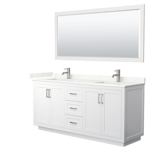 Wyndham Collection Miranda 72" Double Bathroom Vanity in White, Giotto Quartz Countertop, Undermount Square Sinks (1-Hole), Brushed Nickel Trim, 70" Mirror