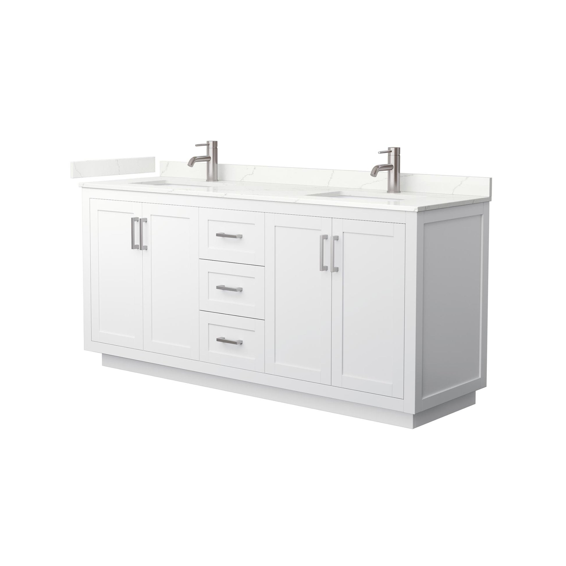 Wyndham Collection Miranda 72" Double Bathroom Vanity in White, Giotto Quartz Countertop, Undermount Square Sinks (1-Hole), Brushed Nickel Trim