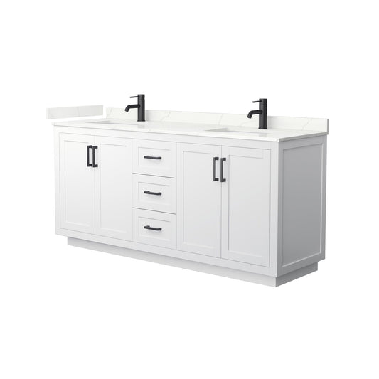 Wyndham Collection Miranda 72" Double Bathroom Vanity in White, Giotto Quartz Countertop, Undermount Square Sinks (1-Hole), Matte Black Trim