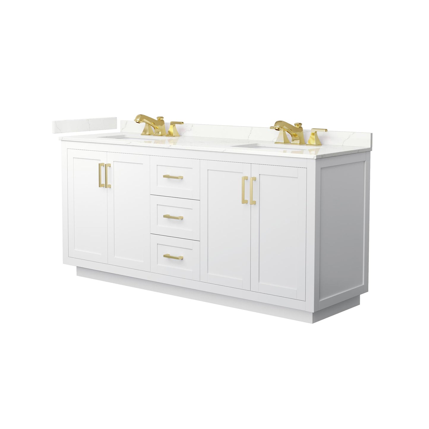 Wyndham Collection Miranda 72" Double Bathroom Vanity in White, Giotto Quartz Countertop, Undermount Square Sinks (3-Hole), Brushed Gold Trim