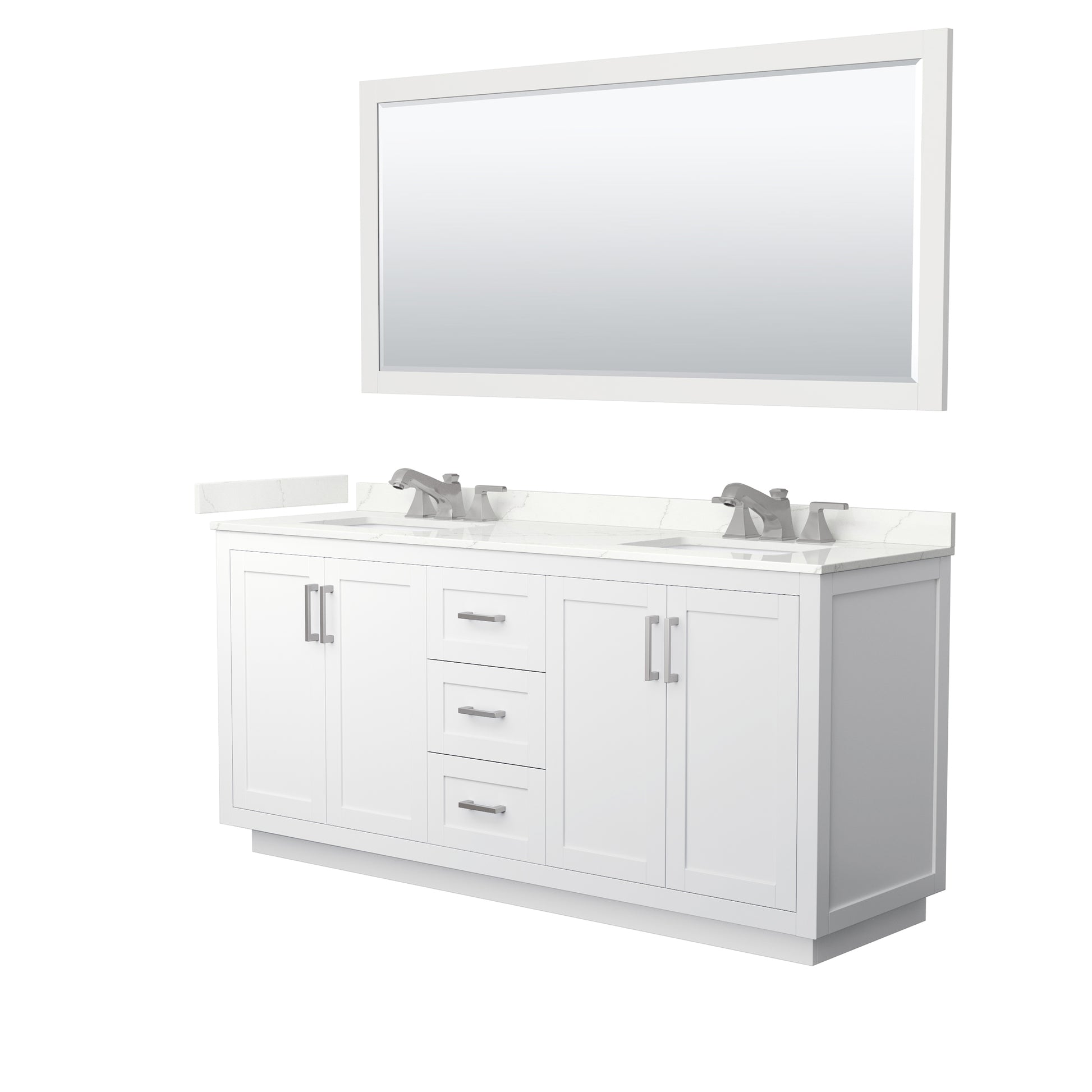 Wyndham Collection Miranda 72" Double Bathroom Vanity in White, Giotto Quartz Countertop, Undermount Square Sinks (3-Hole), Brushed Nickel Trim, 70" Mirror