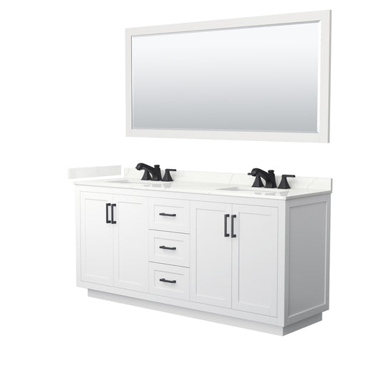 Wyndham Collection Miranda 72" Double Bathroom Vanity in White, Giotto Quartz Countertop, Undermount Square Sinks (3-Hole), Matte Black Trim, 70" Mirror
