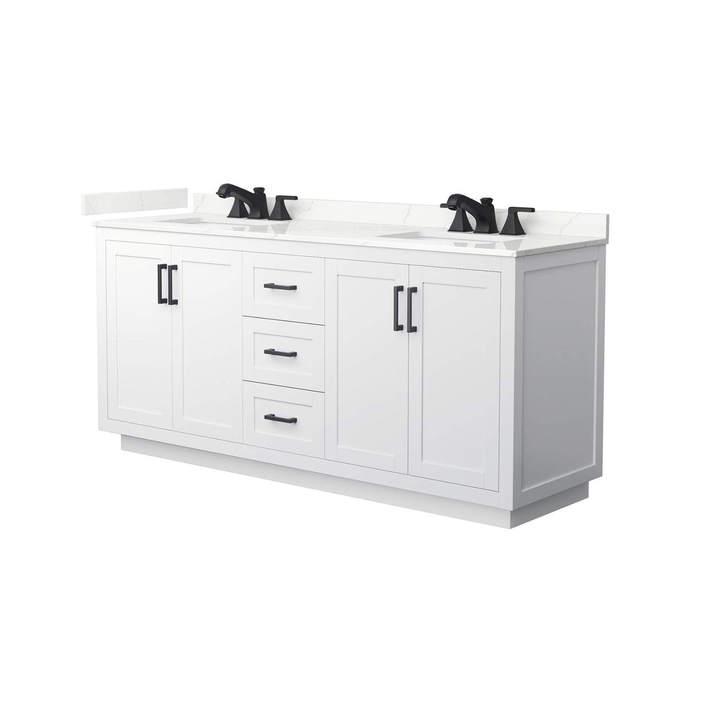Wyndham Collection Miranda 72" Double Bathroom Vanity in White, Giotto Quartz Countertop, Undermount Square Sinks (3-Hole), Matte Black Trim