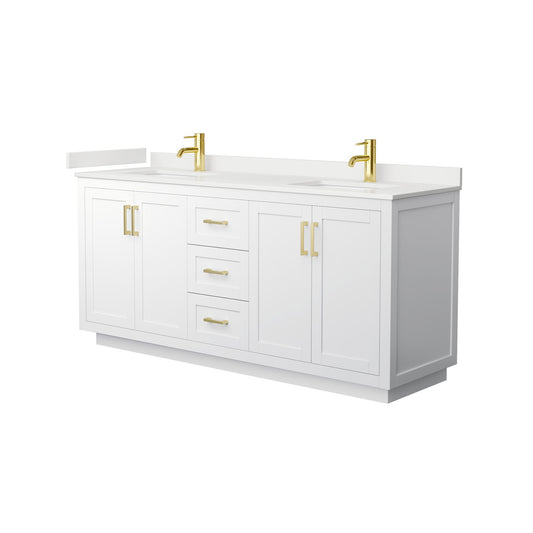 Wyndham Collection Miranda 72" Double Bathroom Vanity in White, White Quartz Countertop, Undermount Square Sinks (1-Hole), Brushed Gold Trim
