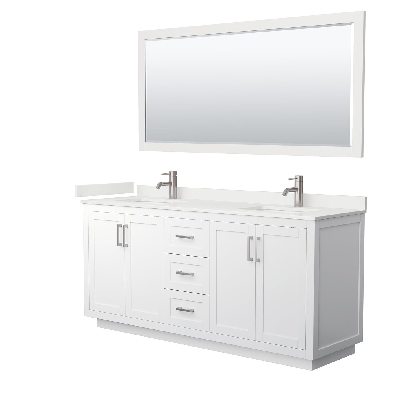Wyndham Collection Miranda 72" Double Bathroom Vanity in White, White Quartz Countertop, Undermount Square Sinks (1-Hole), Brushed Nickel Trim, 70" Mirror