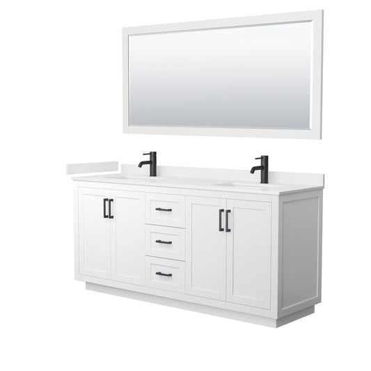 Wyndham Collection Miranda 72" Double Bathroom Vanity in White, White Quartz Countertop, Undermount Square Sinks (1-Hole), Matte Black Trim, 70" Mirror