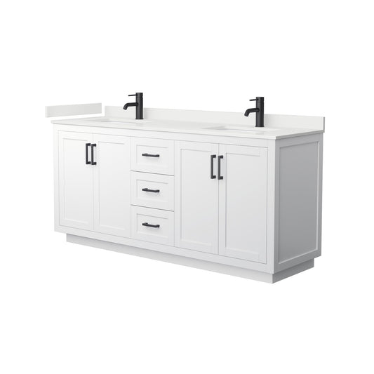 Wyndham Collection Miranda 72" Double Bathroom Vanity in White, White Quartz Countertop, Undermount Square Sinks (1-Hole), Matte Black Trim