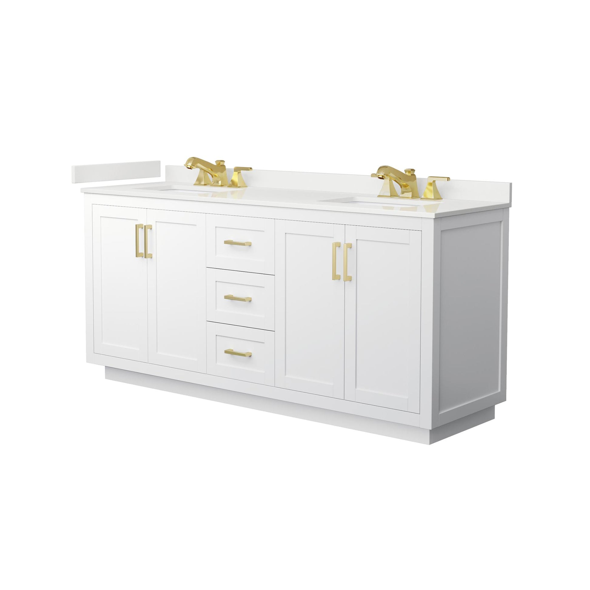 Wyndham Collection Miranda 72" Double Bathroom Vanity in White, White Quartz Countertop, Undermount Square Sinks (3-Hole), Brushed Gold Trim