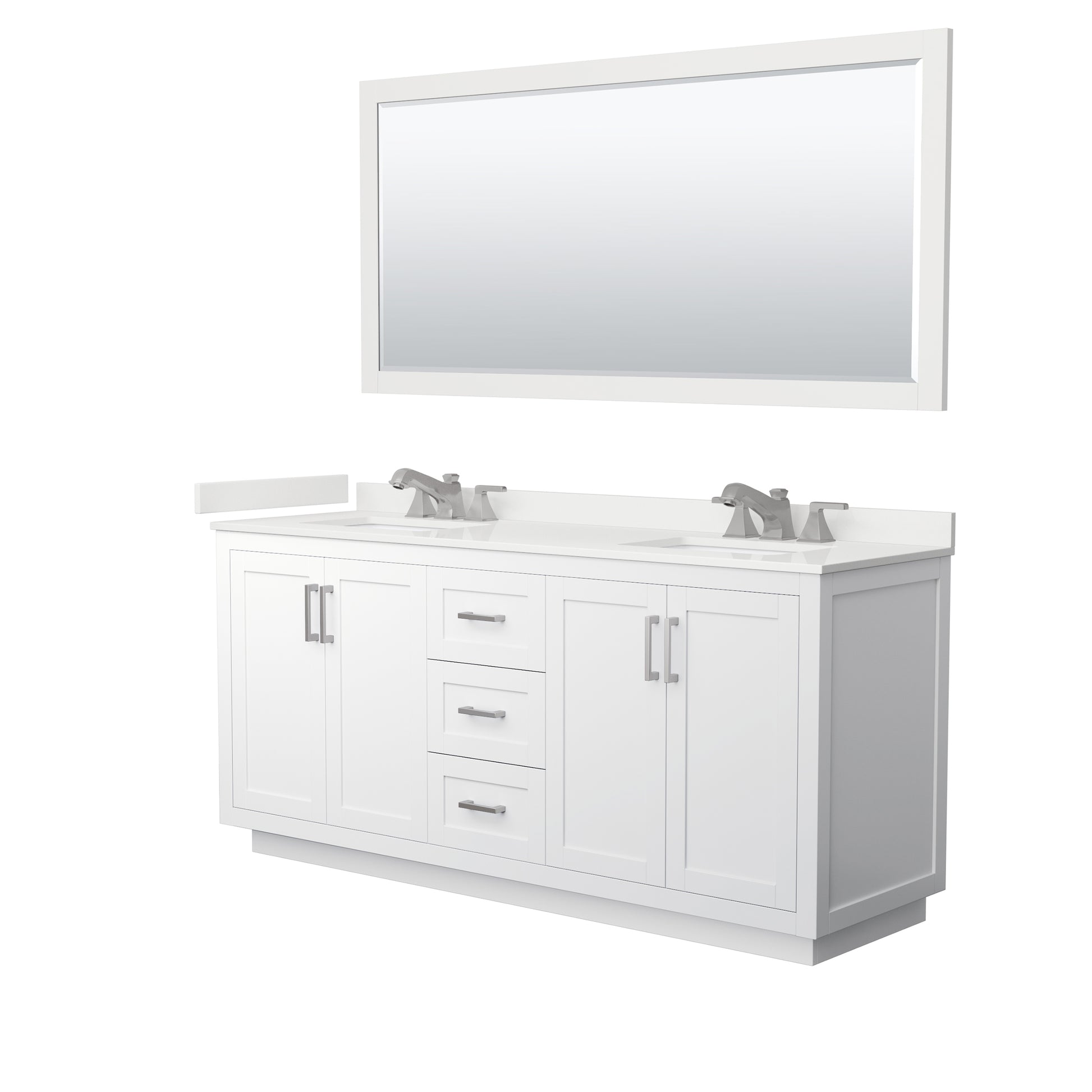Wyndham Collection Miranda 72" Double Bathroom Vanity in White, White Quartz Countertop, Undermount Square Sinks (3-Hole), Brushed Nickel Trim, 70" Mirror