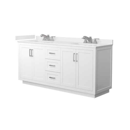 Wyndham Collection Miranda 72" Double Bathroom Vanity in White, White Quartz Countertop, Undermount Square Sinks (3-Hole), Brushed Nickel Trim