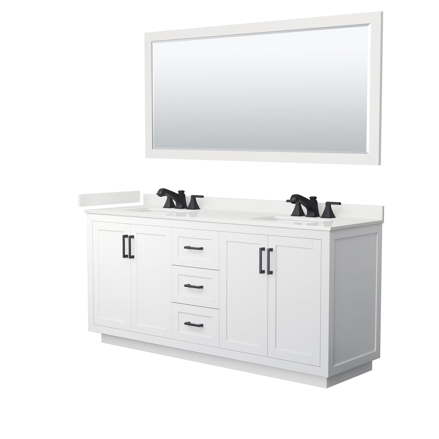 Wyndham Collection Miranda 72" Double Bathroom Vanity in White, White Quartz Countertop, Undermount Square Sinks (3-Hole), Matte Black Trim, 70" Mirror