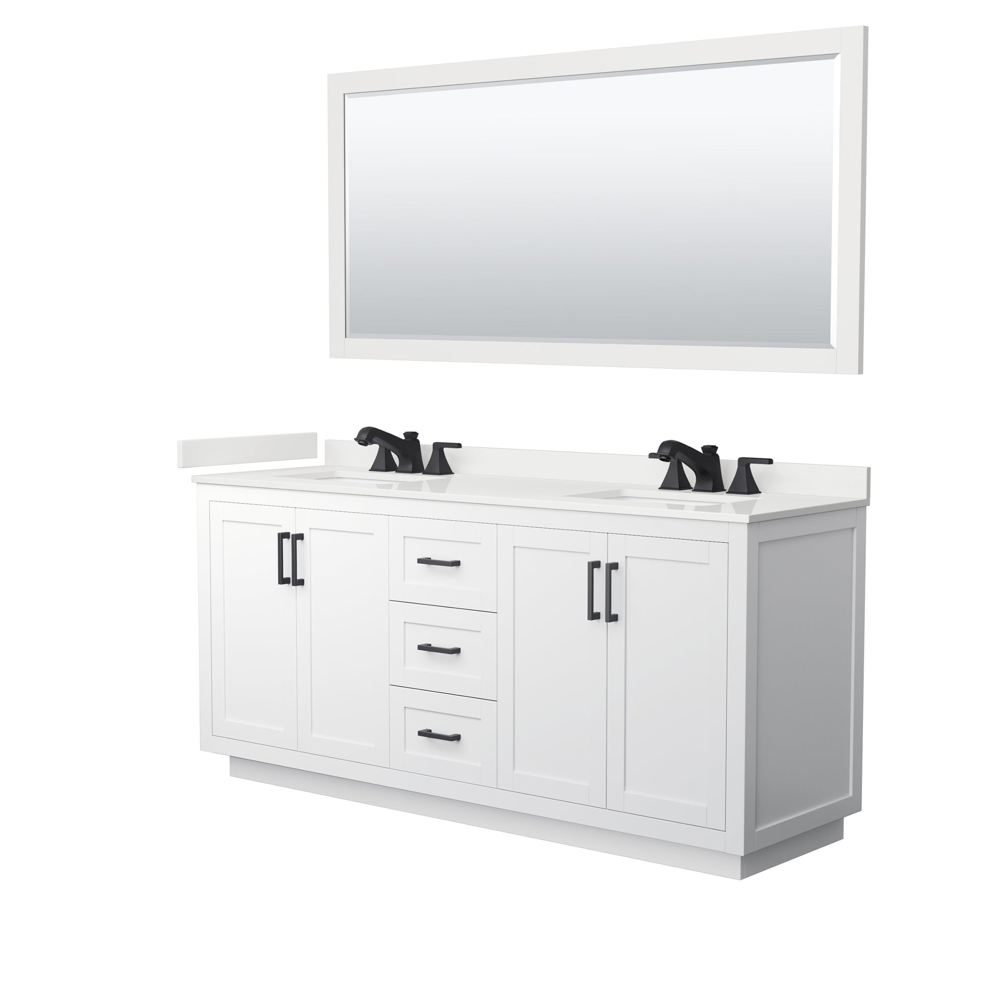 Wyndham Collection Miranda 72" Double Bathroom Vanity in White, White Quartz Countertop, Undermount Square Sinks (3-Hole), Matte Black Trim, 70" Mirror
