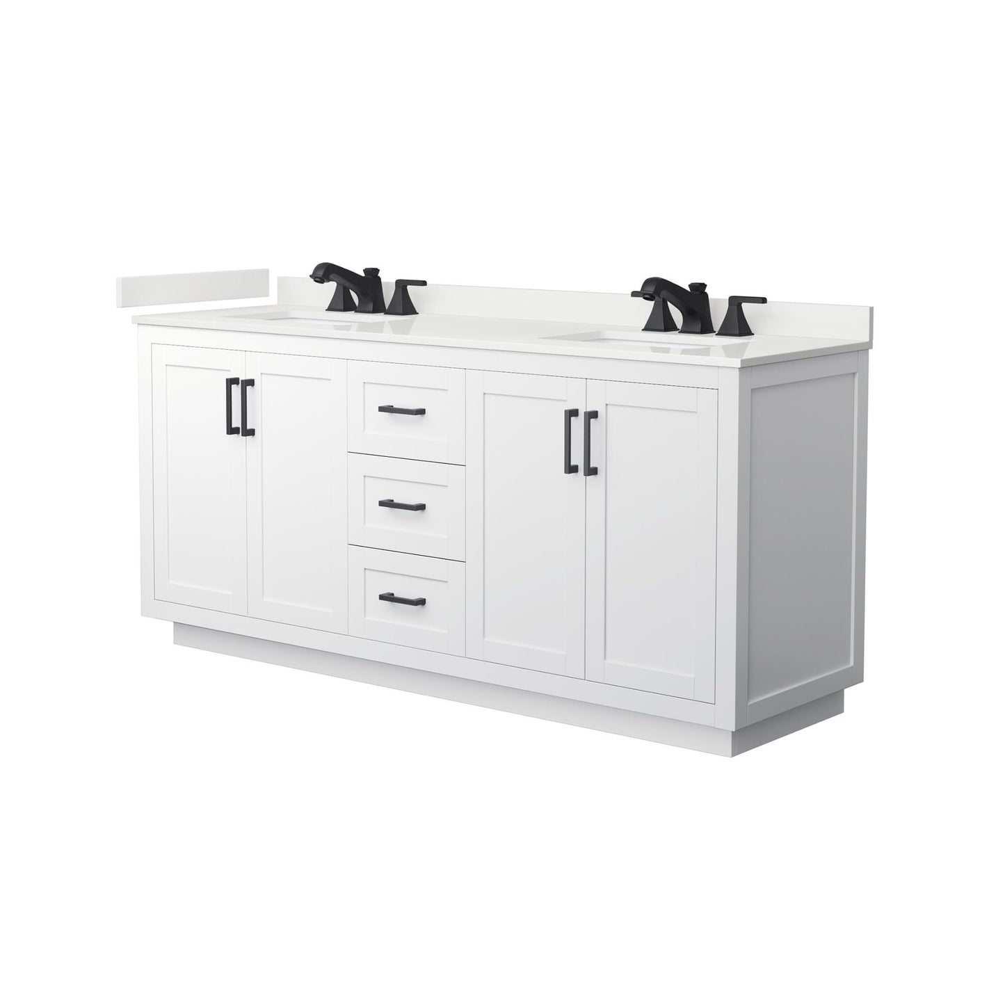 Wyndham Collection Miranda 72" Double Bathroom Vanity in White, White Quartz Countertop, Undermount Square Sinks (3-Hole), Matte Black Trim