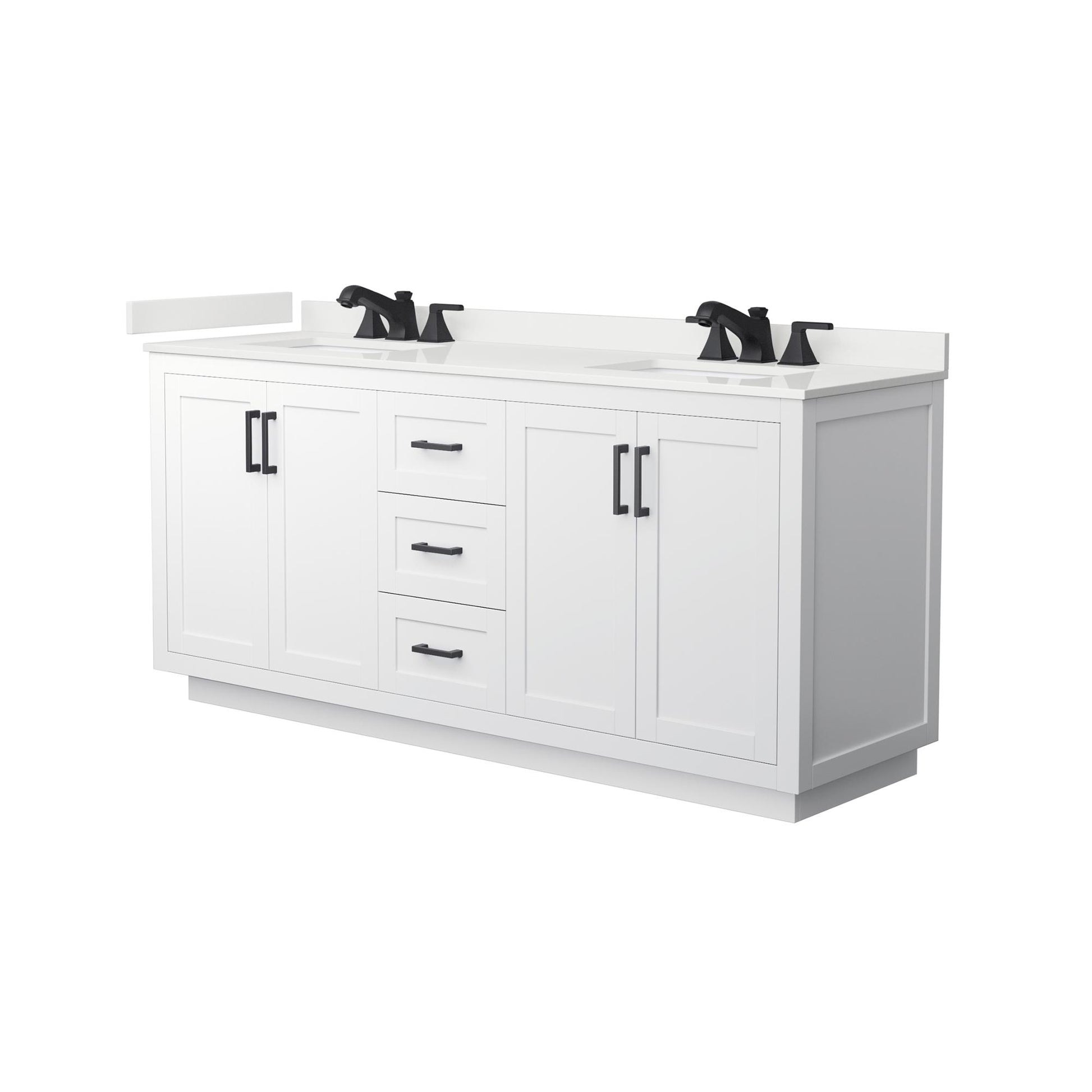 Wyndham Collection Miranda 72" Double Bathroom Vanity in White, White Quartz Countertop, Undermount Square Sinks (3-Hole), Matte Black Trim