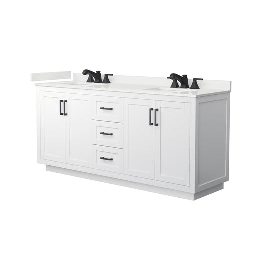 Wyndham Collection Miranda 72" Double Bathroom Vanity in White, White Quartz Countertop, Undermount Square Sinks (3-Hole), Matte Black Trim