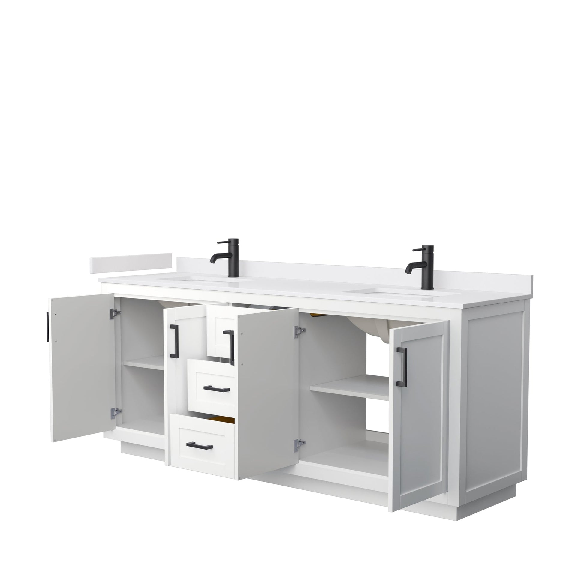 Wyndham Collection Miranda 80" Double Bathroom Vanity in White, White Cultured Marble Countertop, Undermount Square Sinks, Matte Black Trim