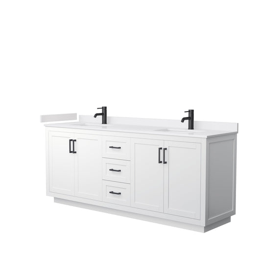 Wyndham Collection Miranda 80" Double Bathroom Vanity in White, White Cultured Marble Countertop, Undermount Square Sinks, Matte Black Trim
