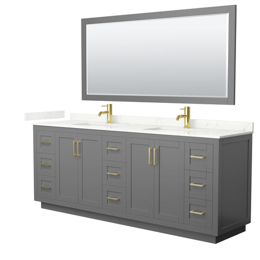 Wyndham Collection Miranda 84" Double Bathroom Vanity in Dark Gray, Giotto Quartz Countertop, Undermount Square Sinks (1-Hole), Brushed Gold Trim, 70" Mirror