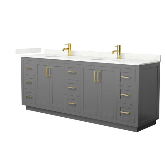 Wyndham Collection Miranda 84" Double Bathroom Vanity in Dark Gray, Giotto Quartz Countertop, Undermount Square Sinks (1-Hole), Brushed Gold Trim