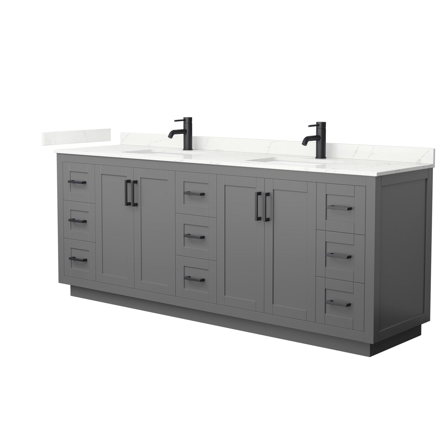 Wyndham Collection Miranda 84" Double Bathroom Vanity in Dark Gray, Giotto Quartz Countertop, Undermount Square Sinks (1-Hole), Matte Black Trim