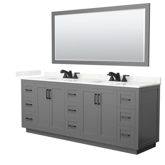 Wyndham Collection Miranda 84" Double Bathroom Vanity in Dark Gray, Giotto Quartz Countertop, Undermount Square Sinks (3-Hole), Matte Black Trim, 70" Mirror