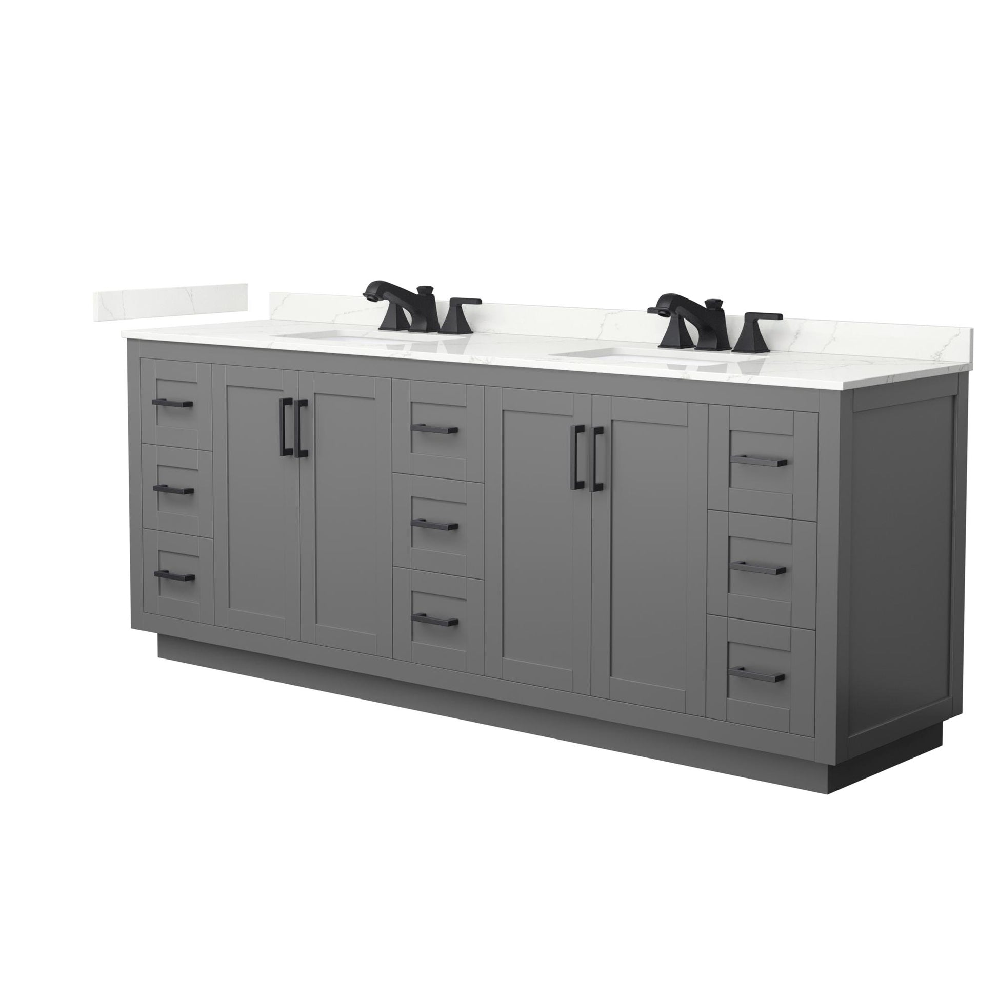 Wyndham Collection Miranda 84" Double Bathroom Vanity in Dark Gray, Giotto Quartz Countertop, Undermount Square Sinks (3-Hole), Matte Black Trim