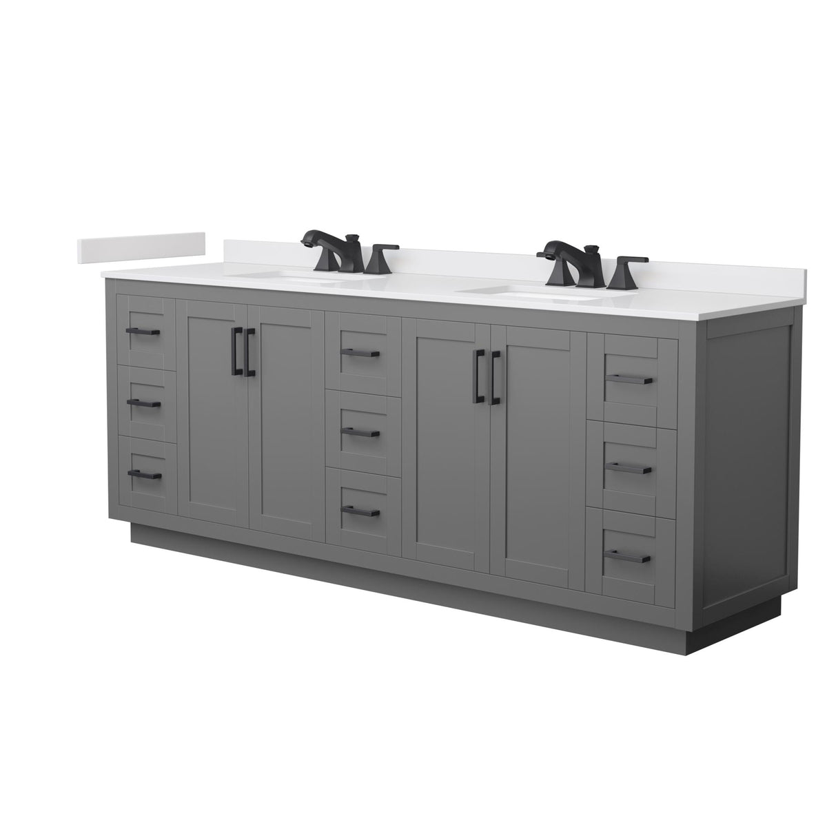 Wyndham Collection Miranda 84" Double Bathroom Vanity in Dark Gray, White Cultured Marble Countertop, Undermount Square Sinks (3-Hole), Matte Black Trim
