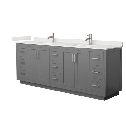 Wyndham Collection Miranda 84" Double Bathroom Vanity in Dark Gray, White Quartz Countertop, Undermount Square Sinks (1-Hole), Brushed Nickel Trim