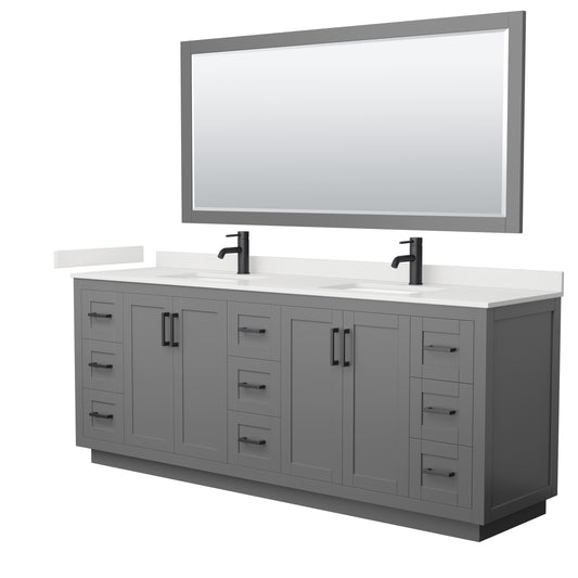 Wyndham Collection Miranda 84" Double Bathroom Vanity in Dark Gray, White Quartz Countertop, Undermount Square Sinks (1-Hole), Matte Black Trim, 70" Mirror