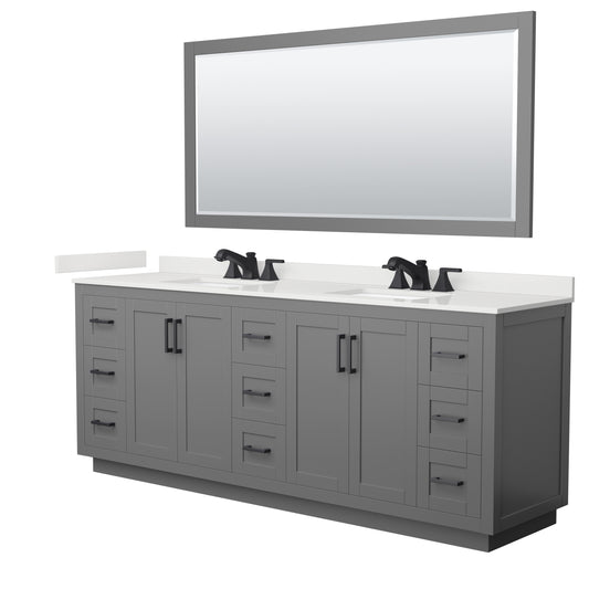 Wyndham Collection Miranda 84" Double Bathroom Vanity in Dark Gray, White Quartz Countertop, Undermount Square Sinks (3-Hole), Matte Black Trim, 70" Mirror