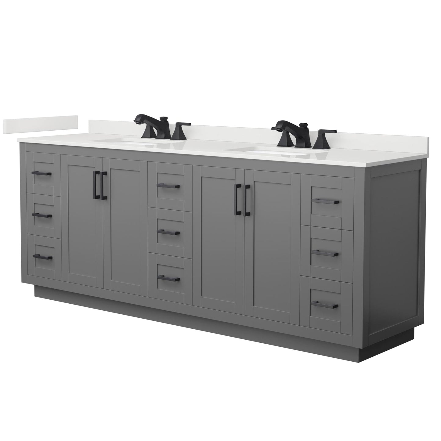 Wyndham Collection Miranda 84" Double Bathroom Vanity in Dark Gray, White Quartz Countertop, Undermount Square Sinks (3-Hole), Matte Black Trim