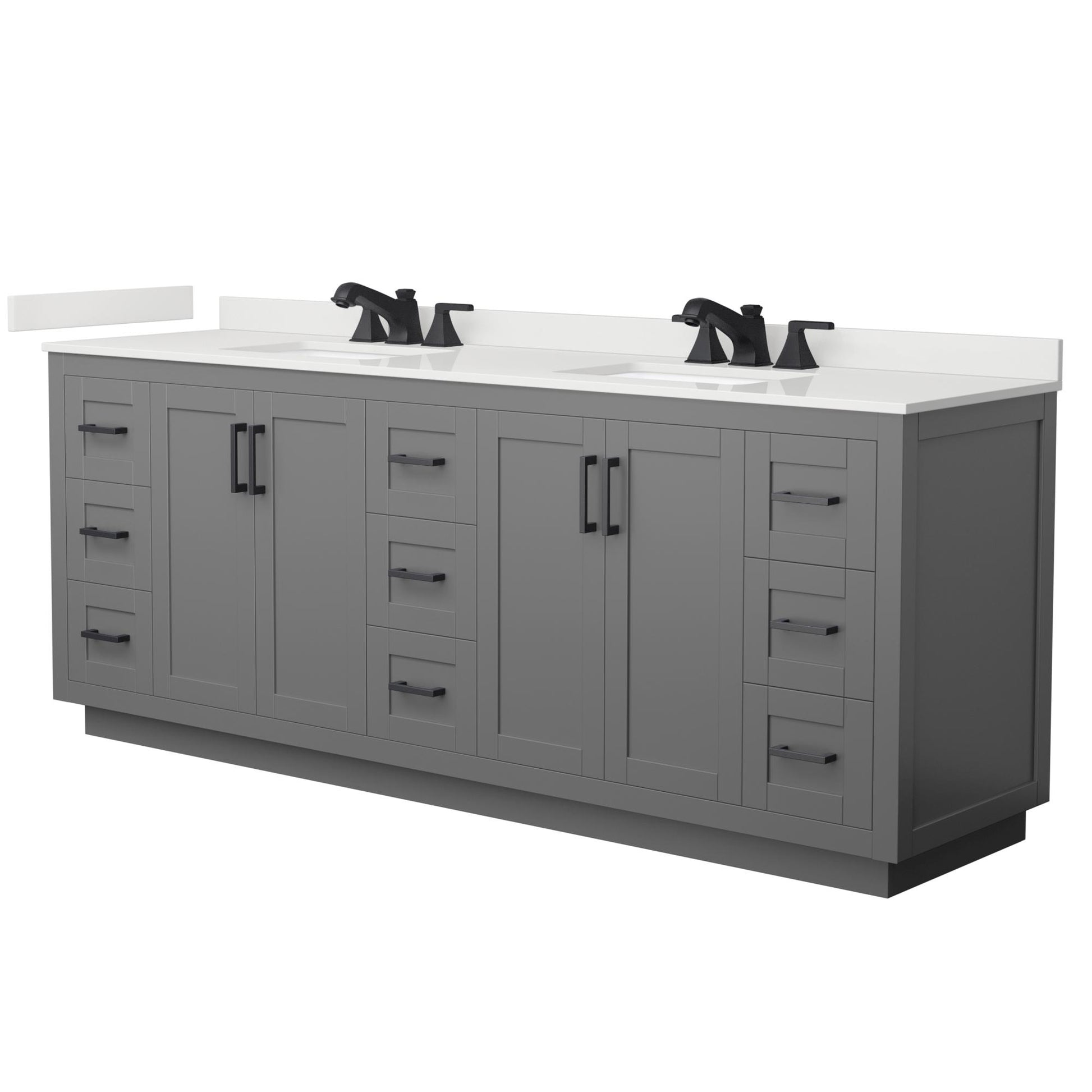 Wyndham Collection Miranda 84" Double Bathroom Vanity in Dark Gray, White Quartz Countertop, Undermount Square Sinks (3-Hole), Matte Black Trim