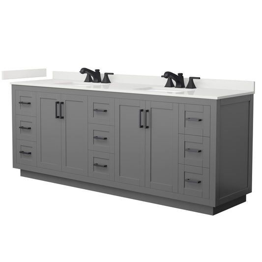Wyndham Collection Miranda 84" Double Bathroom Vanity in Dark Gray, White Quartz Countertop, Undermount Square Sinks (3-Hole), Matte Black Trim
