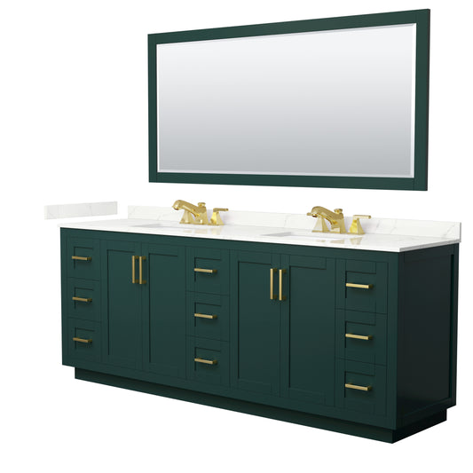 Wyndham Collection Miranda 84" Double Bathroom Vanity in Green, Giotto Quartz Countertop, Undermount Square Sinks (3-Hole), Brushed Gold Trim, 70" Mirror