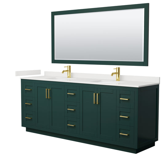 Wyndham Collection Miranda 84" Double Bathroom Vanity in Green, White Quartz Countertop, Undermount Square Sinks (1-Hole), Brushed Gold Trim, 70" Mirror