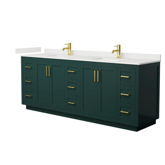 Wyndham Collection Miranda 84" Double Bathroom Vanity in Green, White Quartz Countertop, Undermount Square Sinks (1-Hole), Brushed Gold Trim