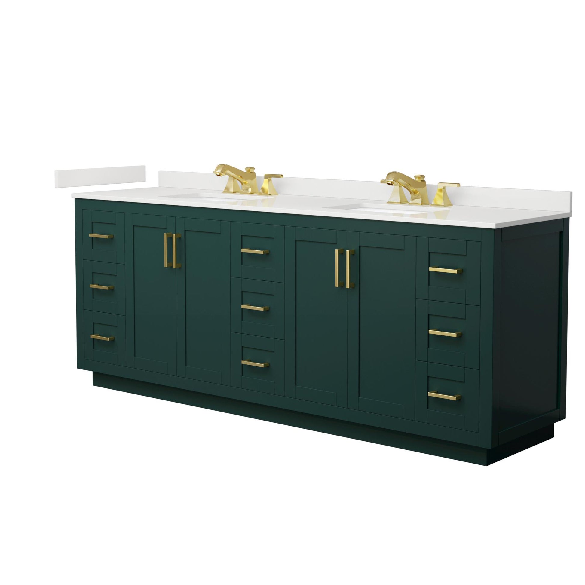 Wyndham Collection Miranda 84" Double Bathroom Vanity in Green, White Quartz Countertop, Undermount Square Sinks (3-Hole), Brushed Gold Trim
